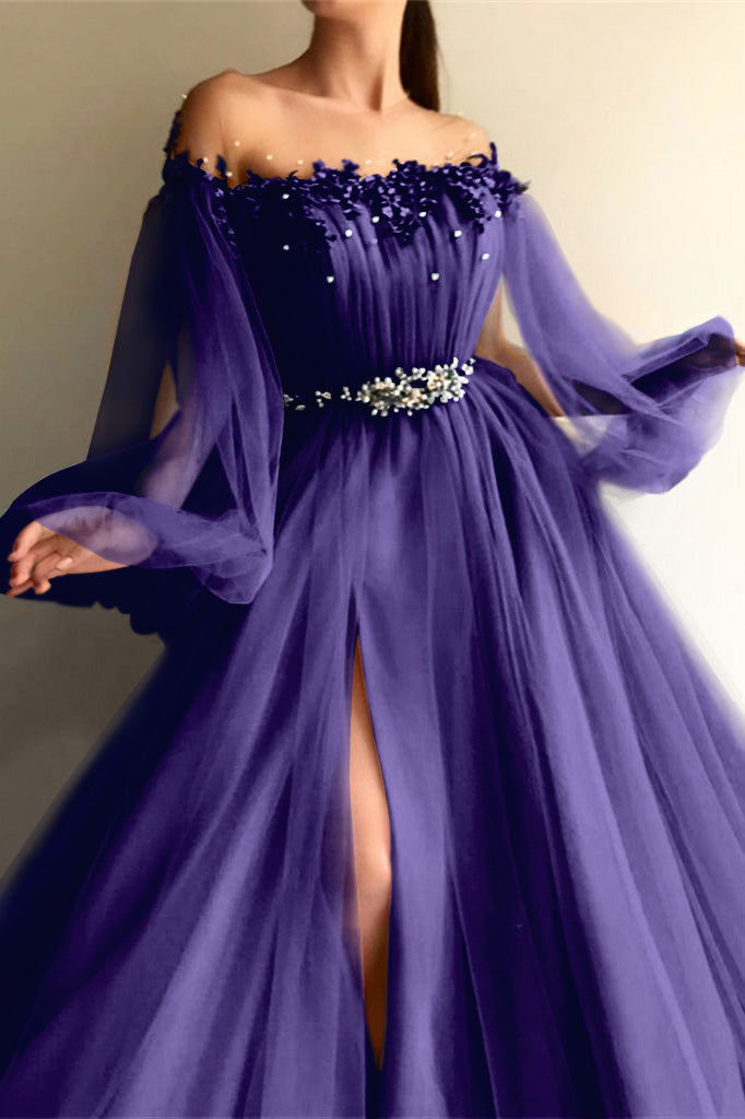 Showprettydess Chic Off-the-Shoulder Long Sleeves Elegant Evening Dresses with Beads-showprettydress