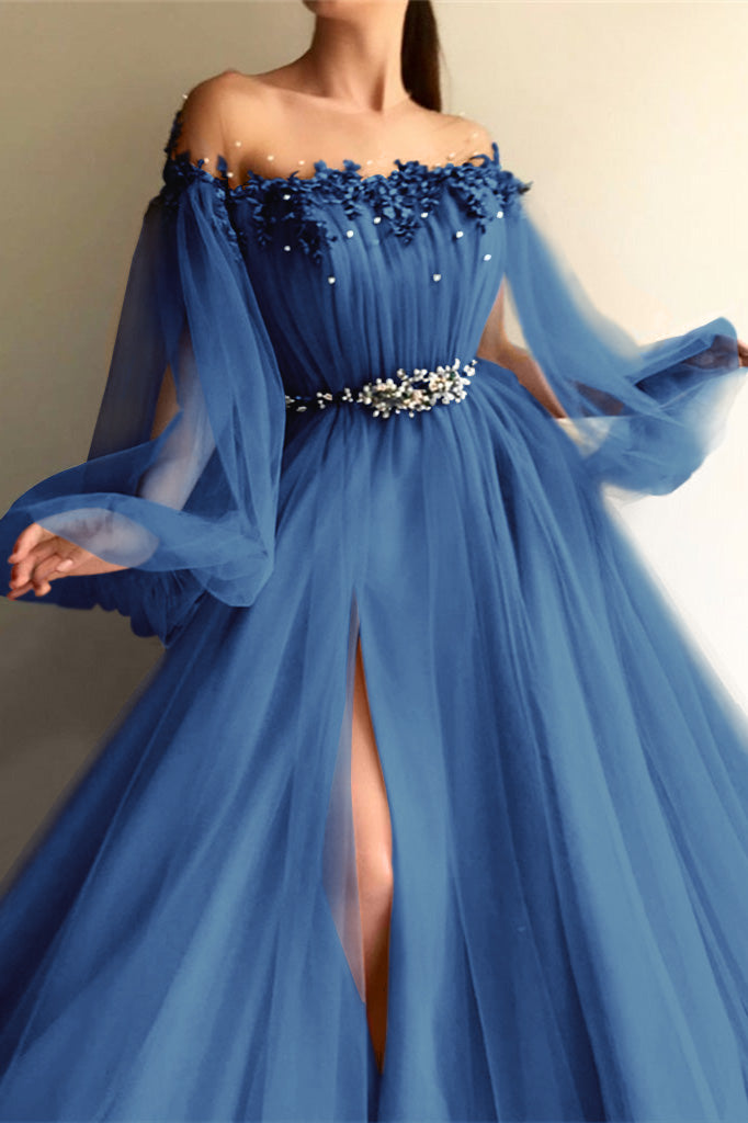 Showprettydess Chic Off-the-Shoulder Long Sleeves Elegant Evening Dresses with Beads-showprettydress