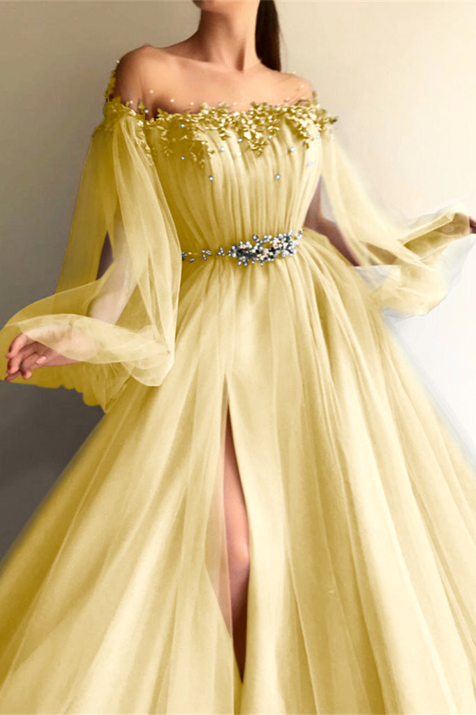 Showprettydess Chic Off-the-Shoulder Long Sleeves Elegant Evening Dresses with Beads-showprettydress