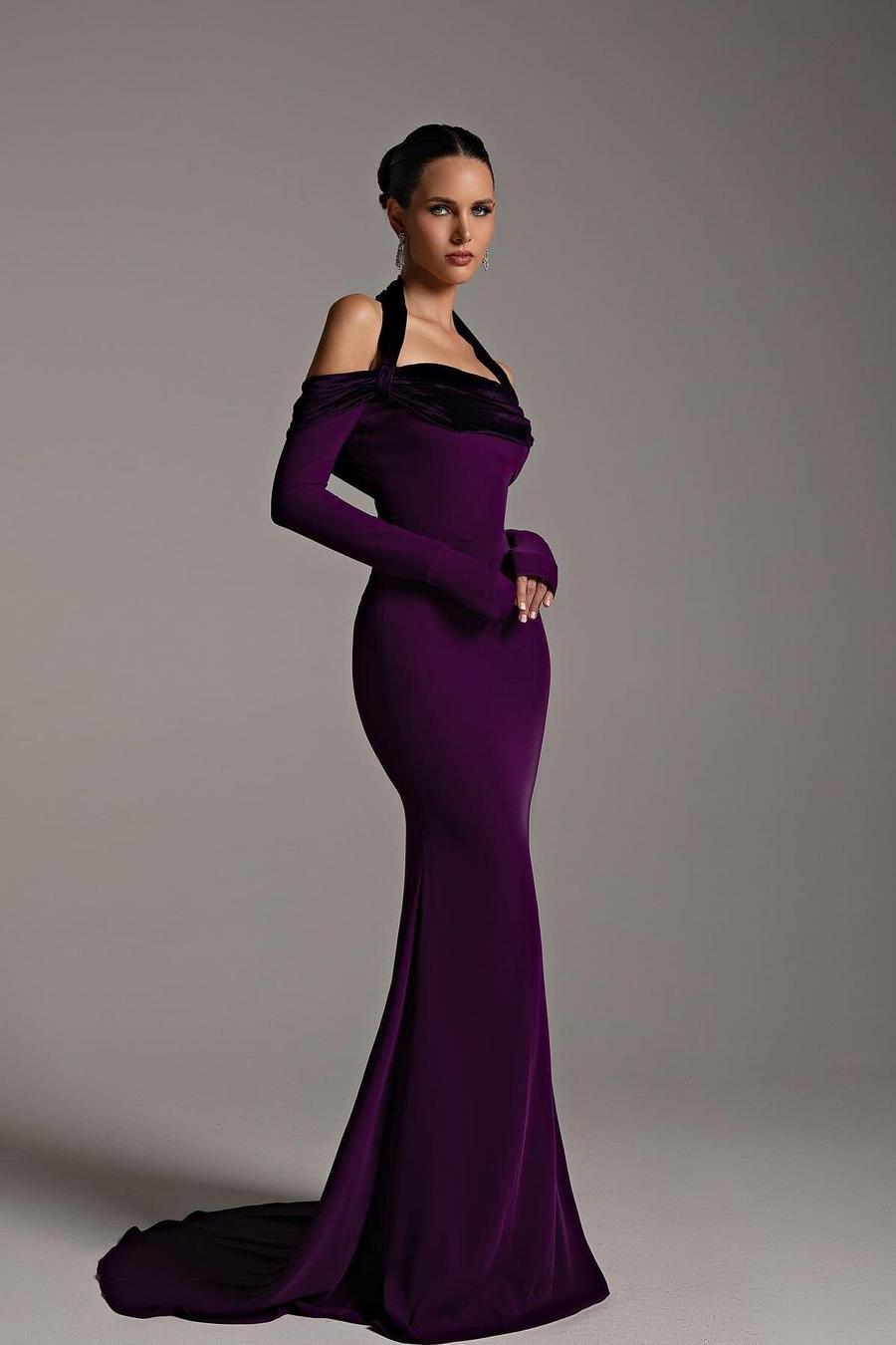 Showprettydess Chic Regency Satin Off-the-Shoulder Halter Long Sleeves Mermaid Prom Dress-showprettydress