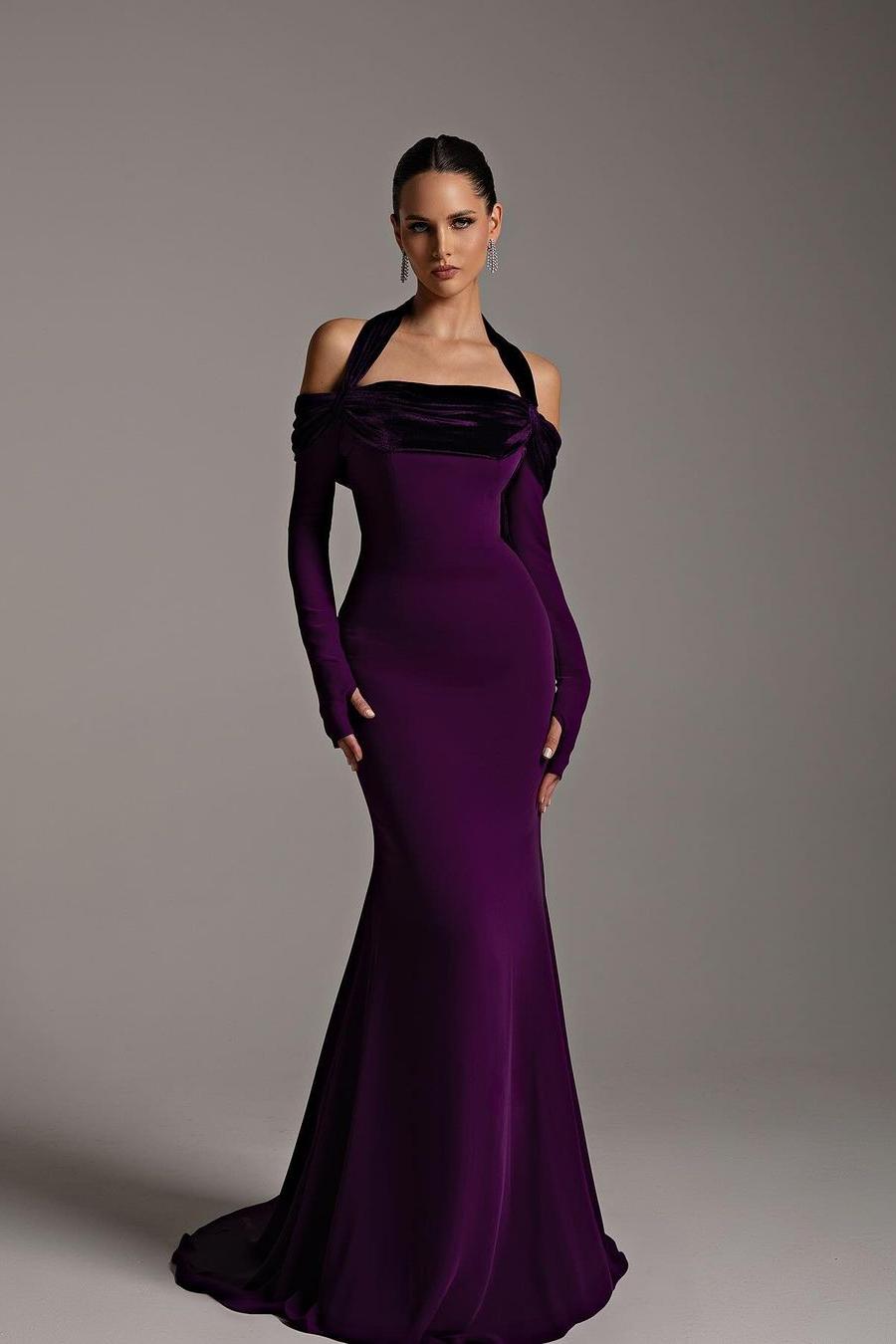 Showprettydess Chic Regency Satin Off-the-Shoulder Halter Long Sleeves Mermaid Prom Dress-showprettydress