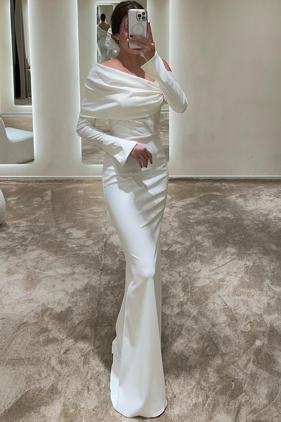 Showprettydess Chic White Satin Off-the-Shoulder Long Sleeves Mermaid Prom Dress with Pleats-showprettydress