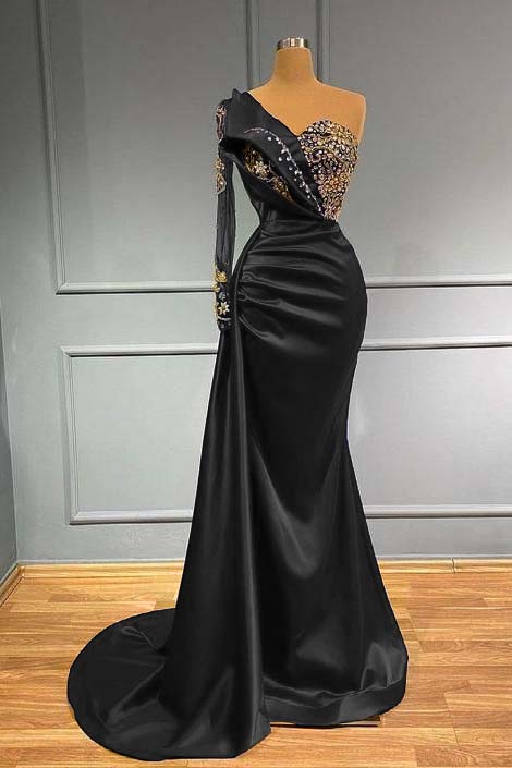 Showprettydess Dark Blue Long Sleeve One-Shoulder Mermaid Prom Dress with Beads-showprettydress