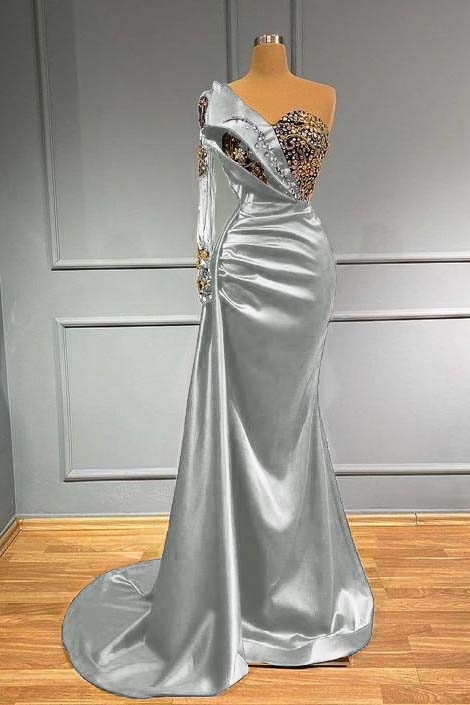 Showprettydess Dark Blue Long Sleeve One-Shoulder Mermaid Prom Dress with Beads-showprettydress