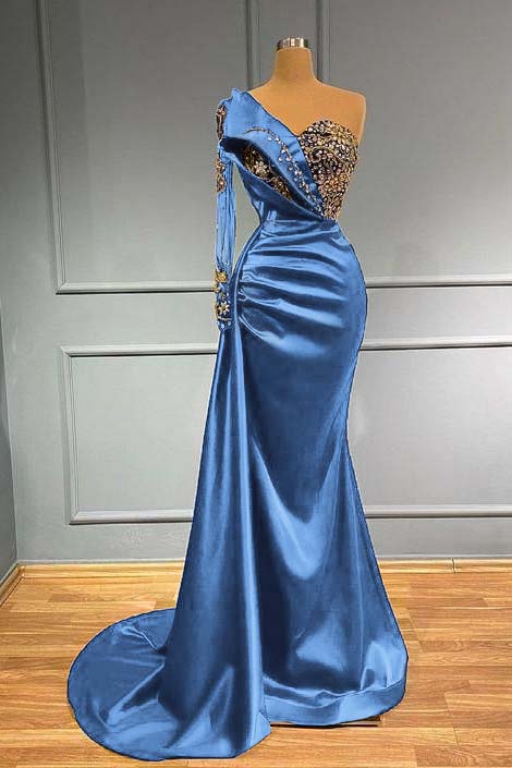 Showprettydess Dark Blue Long Sleeve One-Shoulder Mermaid Prom Dress with Beads-showprettydress