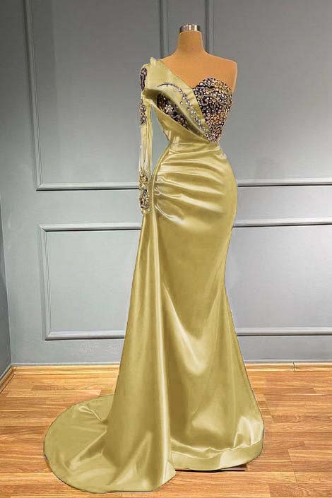 Showprettydess Dark Blue Long Sleeve One-Shoulder Mermaid Prom Dress with Beads-showprettydress