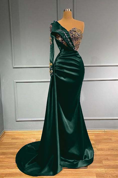 Showprettydess Dark Blue Long Sleeve One-Shoulder Mermaid Prom Dress with Beads-showprettydress