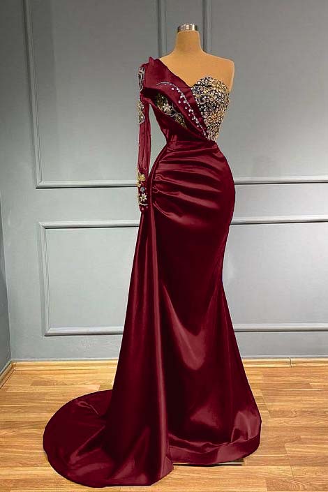 Showprettydess Dark Blue Long Sleeve One-Shoulder Mermaid Prom Dress with Beads-showprettydress