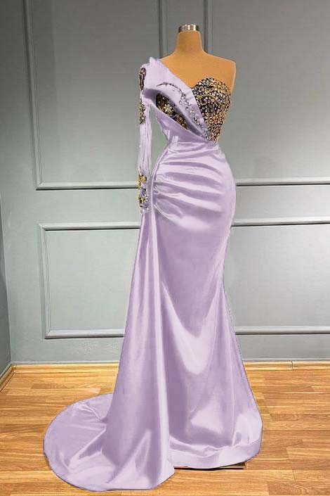 Showprettydess Dark Blue Long Sleeve One-Shoulder Mermaid Prom Dress with Beads-showprettydress