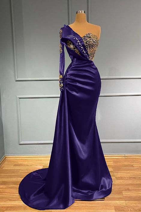 Showprettydess Dark Blue Long Sleeve One-Shoulder Mermaid Prom Dress with Beads-showprettydress