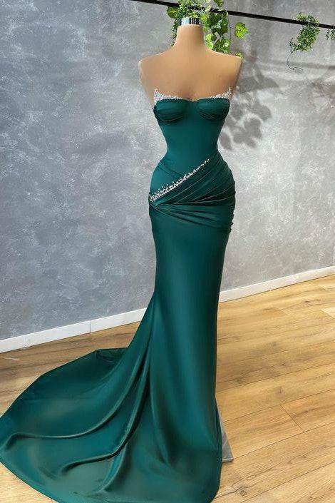 Showprettydess Dark Green Mermaid Prom Dress Strapless with Beads-showprettydress
