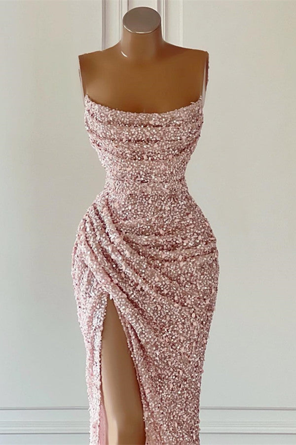 Showprettydess Dusty Pink Square Neck Sleeveless Mermaid Prom Dress with Long Split & Sequins-showprettydress