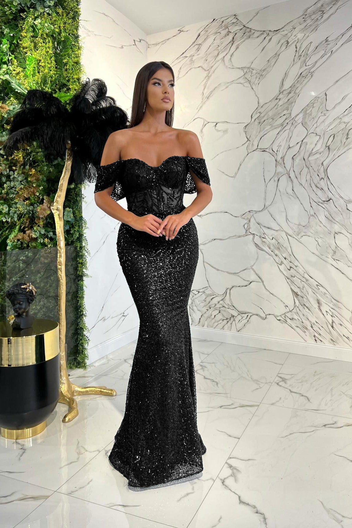 Showprettydess Elegant Dark Green Sweetheart Off-the-Shoulder Prom Dress with Appliqu¨¦ Sequins-showprettydress