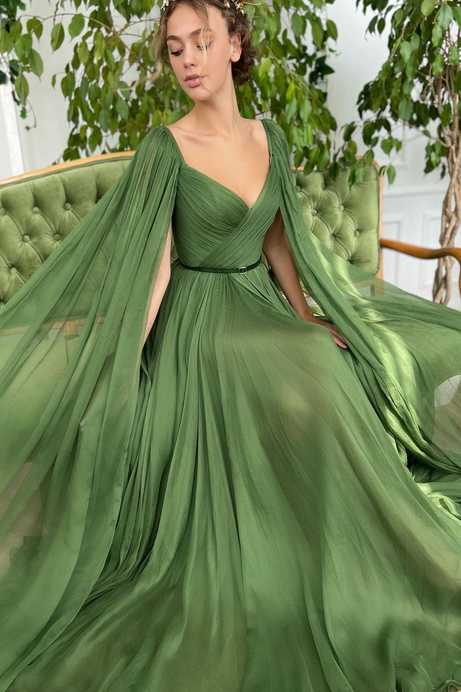Showprettydess Elegant Green Long Puffy Sleeves Formal Prom Dress with Sweetheart Tulle & Split-showprettydress
