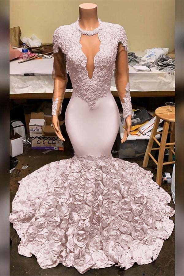 Showprettydess Elegant Mermaid V-Neck Prom Dress with Appliques, Long Sleeves & Flower Bottom-showprettydress