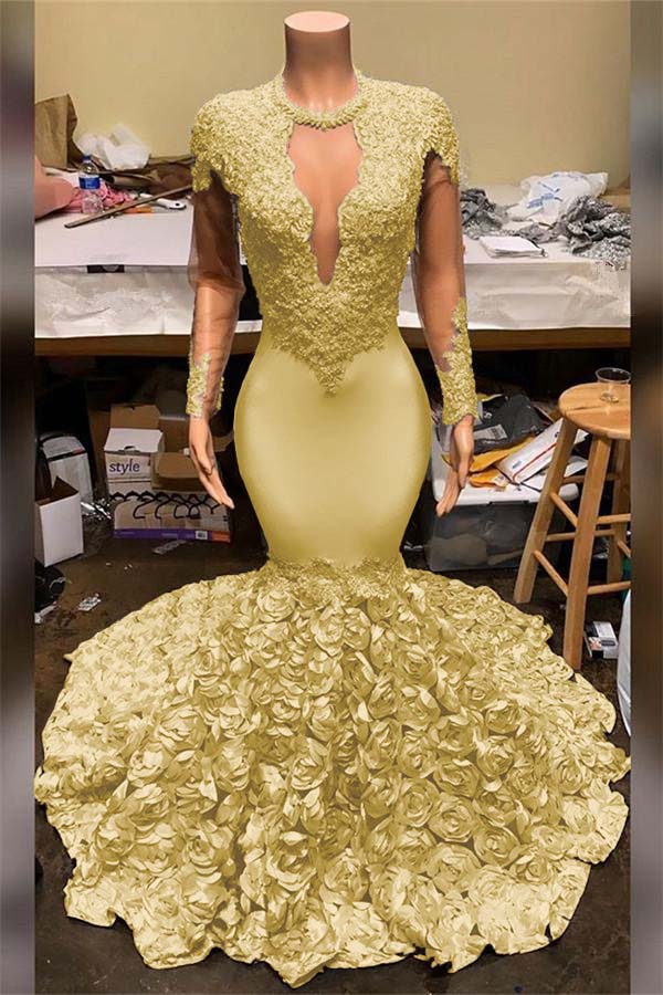 Showprettydess Elegant Mermaid V-Neck Prom Dress with Appliques, Long Sleeves & Flower Bottom-showprettydress