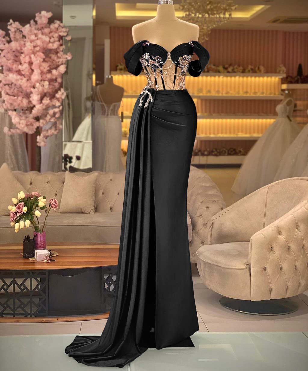 Showprettydess Elegant Off-the-Shoulder Royal Blue Beaded Sleeveless Prom Dress with Split-showprettydress