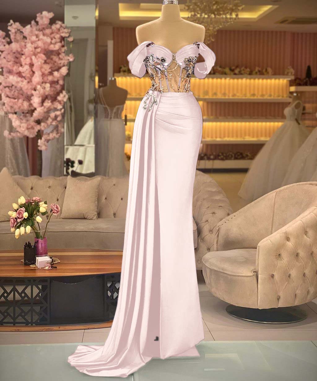 Showprettydess Elegant Off-the-Shoulder Royal Blue Beaded Sleeveless Prom Dress with Split-showprettydress