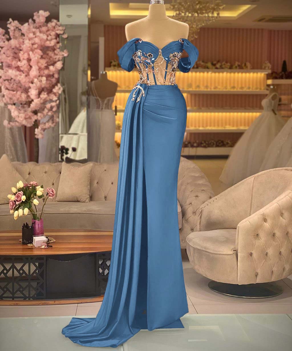 Showprettydess Elegant Off-the-Shoulder Royal Blue Beaded Sleeveless Prom Dress with Split-showprettydress