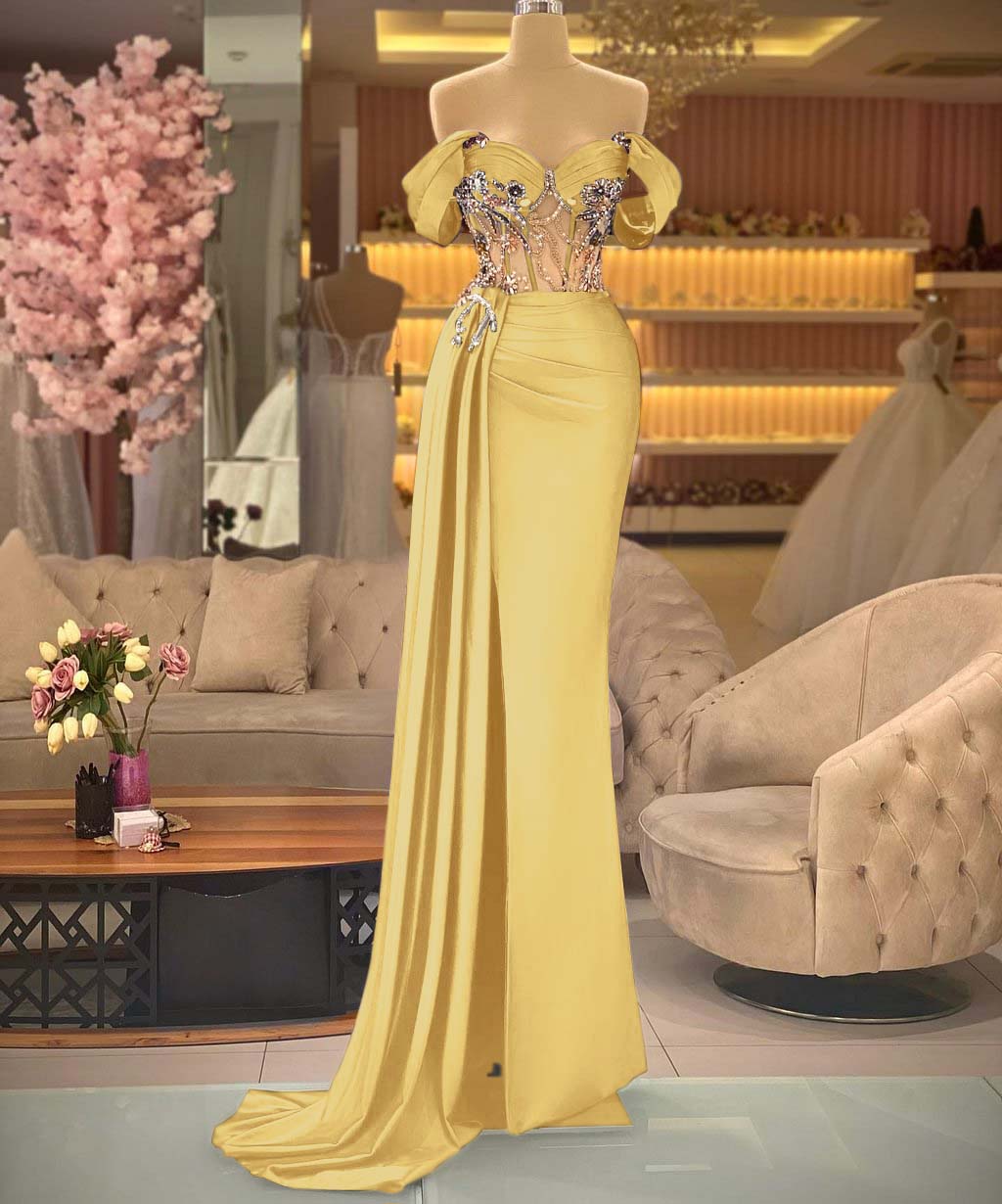 Showprettydess Elegant Off-the-Shoulder Royal Blue Beaded Sleeveless Prom Dress with Split-showprettydress