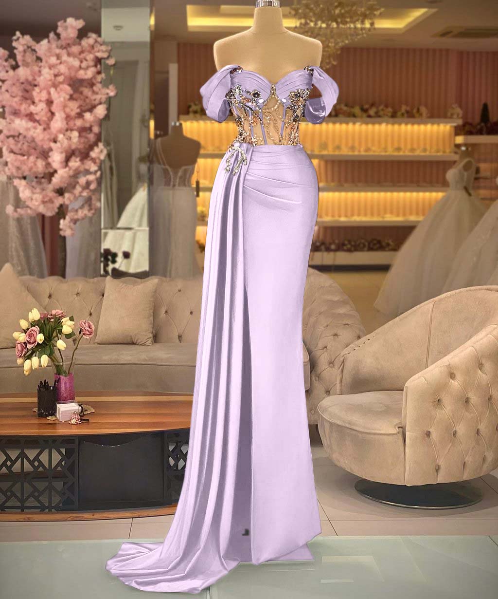 Showprettydess Elegant Off-the-Shoulder Royal Blue Beaded Sleeveless Prom Dress with Split-showprettydress