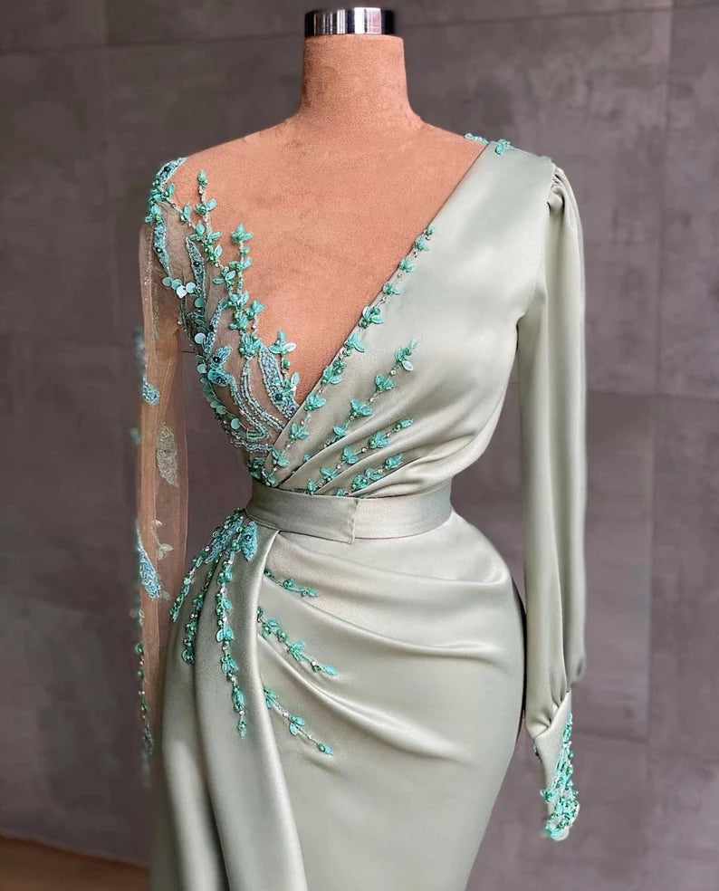 Showprettydess Elegant Sage Mermaid Appliqu¨¦ Evening Dress with Long Sleeves-showprettydress
