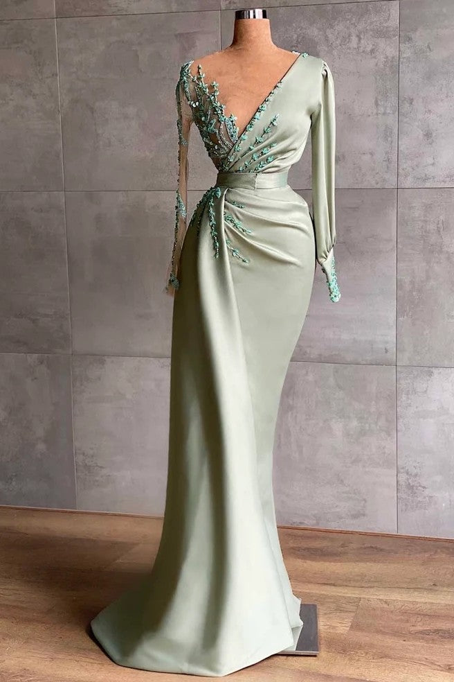 Showprettydess Elegant Sage Mermaid Appliqu¨¦ Evening Dress with Long Sleeves-showprettydress