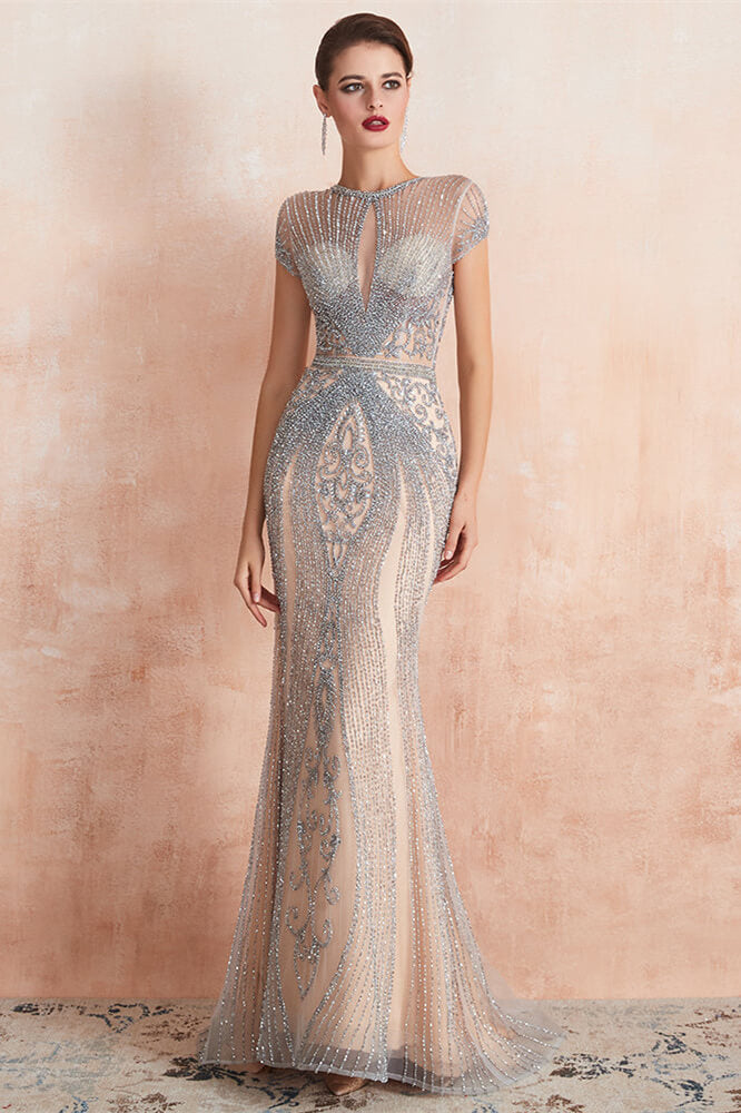 Showprettydess Elegant Short Sleeve Jewel Neck Mermaid Prom Dress with Beadings-showprettydress