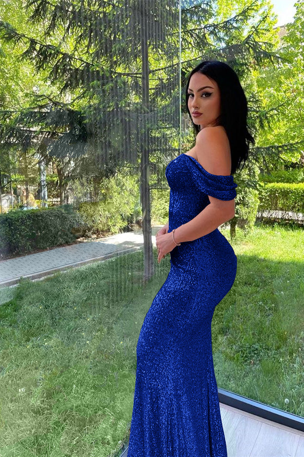 Showprettydess Elegant Split Long Sleeves V-Neck Mermaid Prom Dress with Sequins-showprettydress