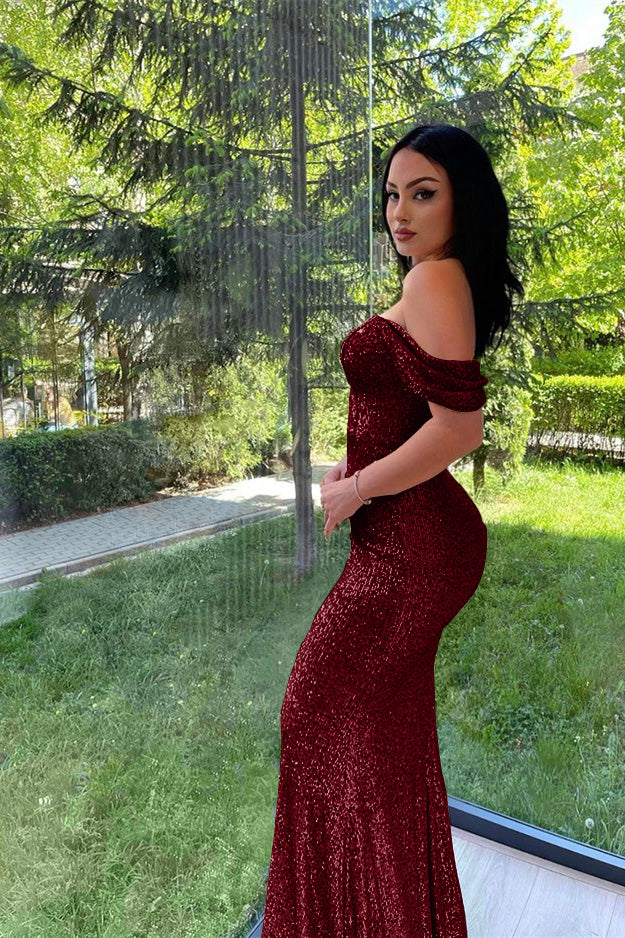 Showprettydess Elegant Split Long Sleeves V-Neck Mermaid Prom Dress with Sequins-showprettydress