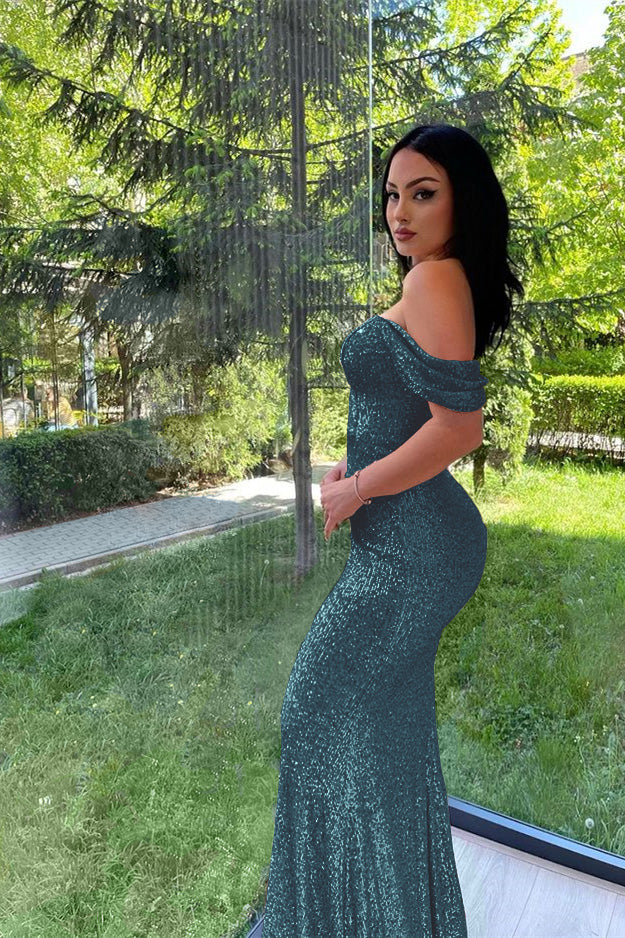 Showprettydess Elegant Split Long Sleeves V-Neck Mermaid Prom Dress with Sequins-showprettydress