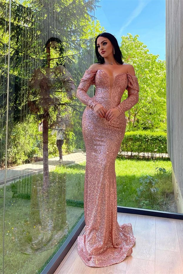 Showprettydess Elegant Split Long Sleeves V-Neck Mermaid Prom Dress with Sequins-showprettydress
