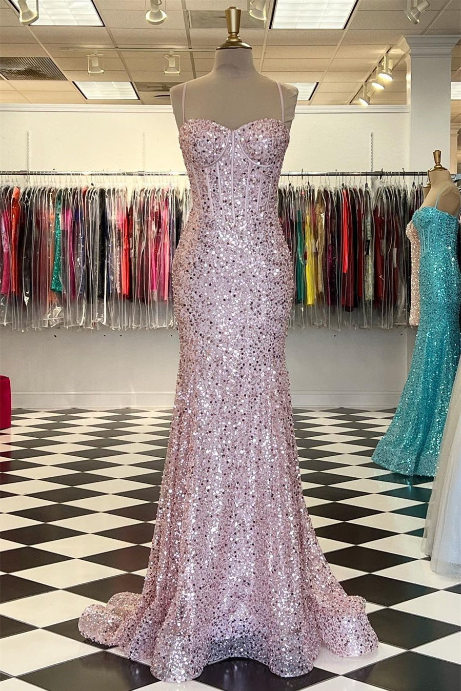 Showprettydess Elegant Sweetheart Mermaid Prom Dress with Sequins & Spaghetti-Straps-showprettydress