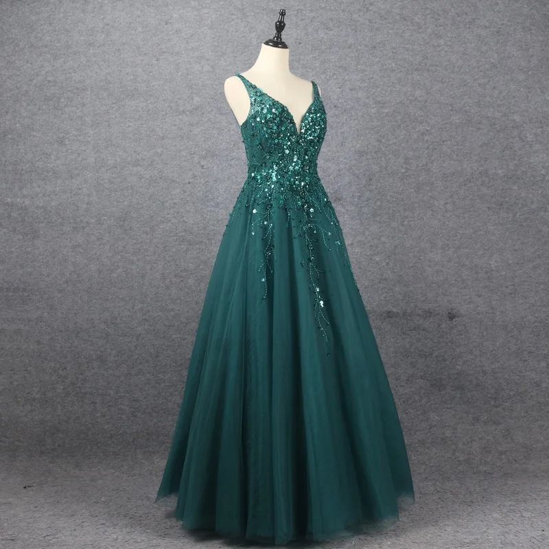 Showprettydess Emerald V-Neck Floor Length Prom Dress A-Line Sleeveless with Appliques-showprettydress