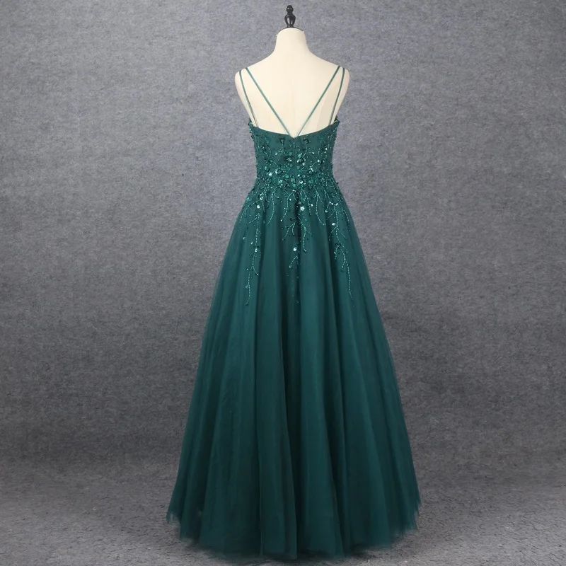 Showprettydess Emerald V-Neck Floor Length Prom Dress A-Line Sleeveless with Appliques-showprettydress