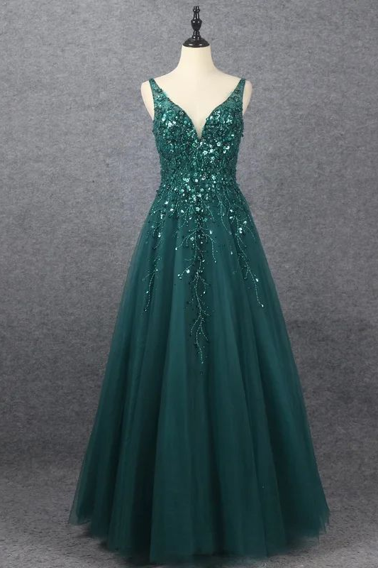 Showprettydess Emerald V-Neck Floor Length Prom Dress A-Line Sleeveless with Appliques-showprettydress