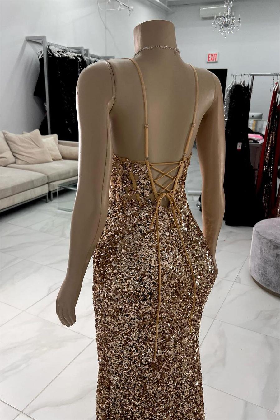 Showprettydess Exquisite Champagne Sequined Spaghetti Strap Sleeveless Prom Dress with Split-showprettydress