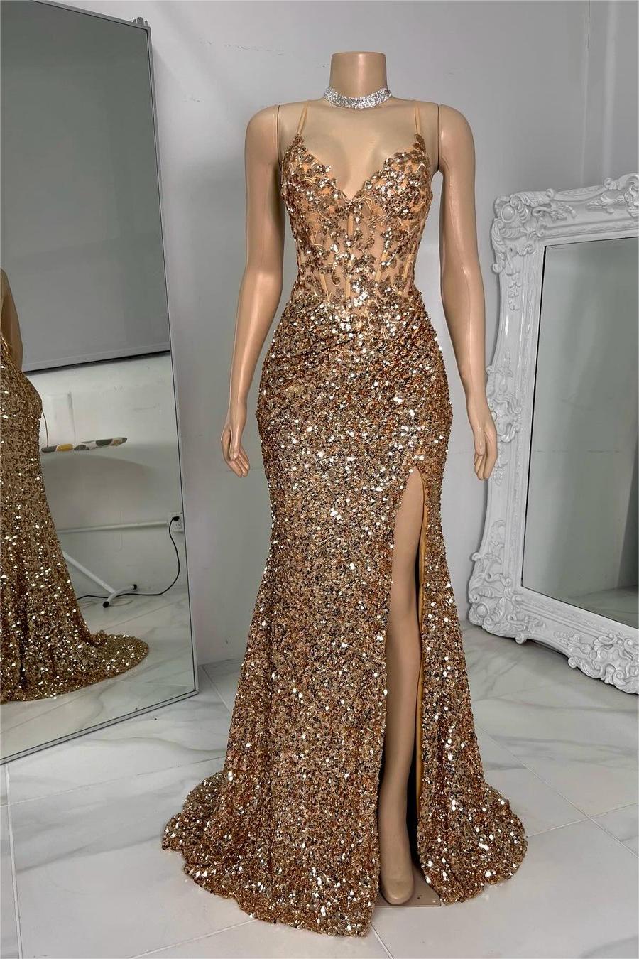 Showprettydess Exquisite Champagne Sequined Spaghetti Strap Sleeveless Prom Dress with Split-showprettydress