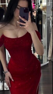 Showprettydess Exquisite Red Sequined Strapless Off-the-Shoulder Mermaid Prom Dress with Split-showprettydress
