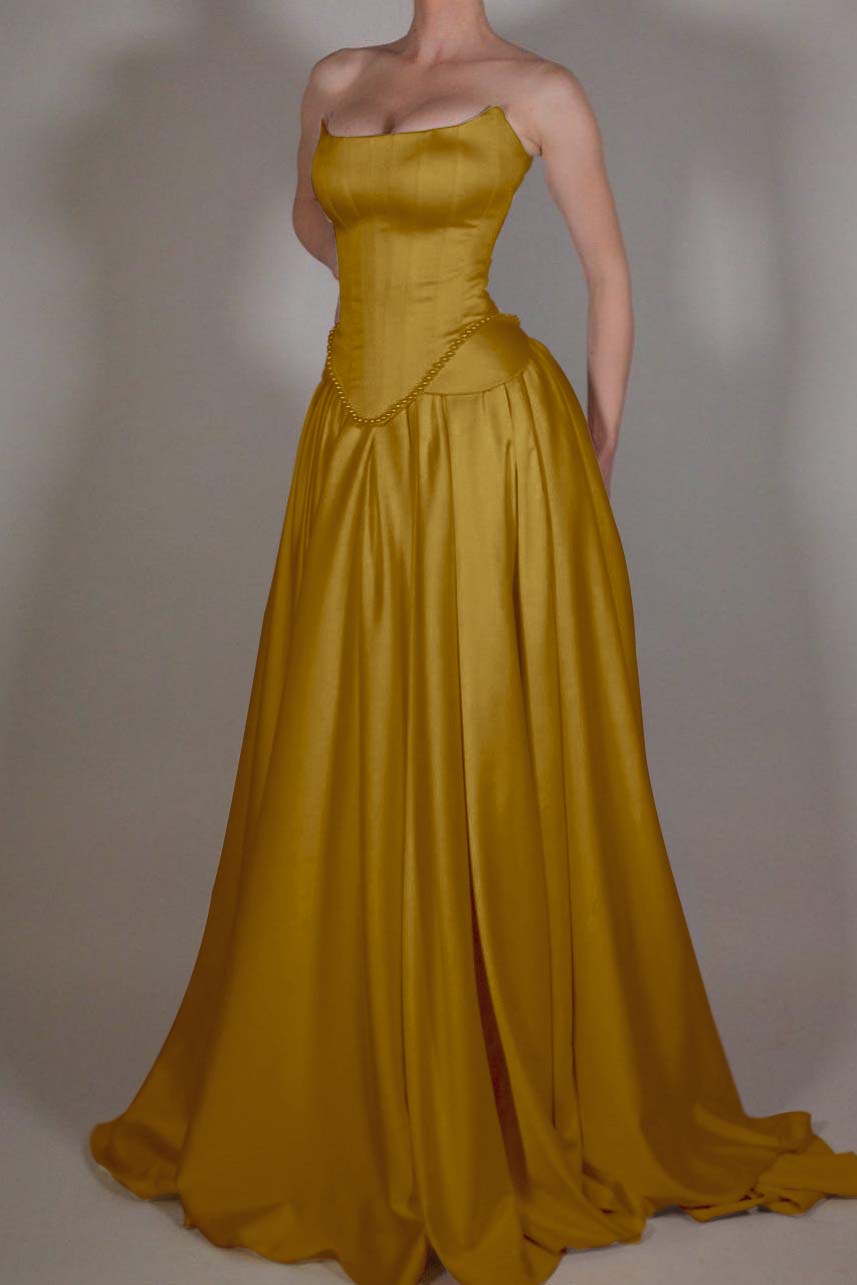 Showprettydess Exquisite Satin Ivory Strapless Sleeveless Pleated Prom Dress with Beadings-showprettydress