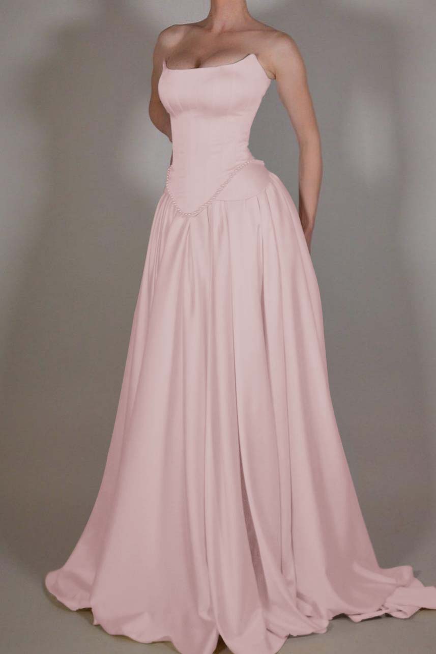 Showprettydess Exquisite Satin Ivory Strapless Sleeveless Pleated Prom Dress with Beadings-showprettydress