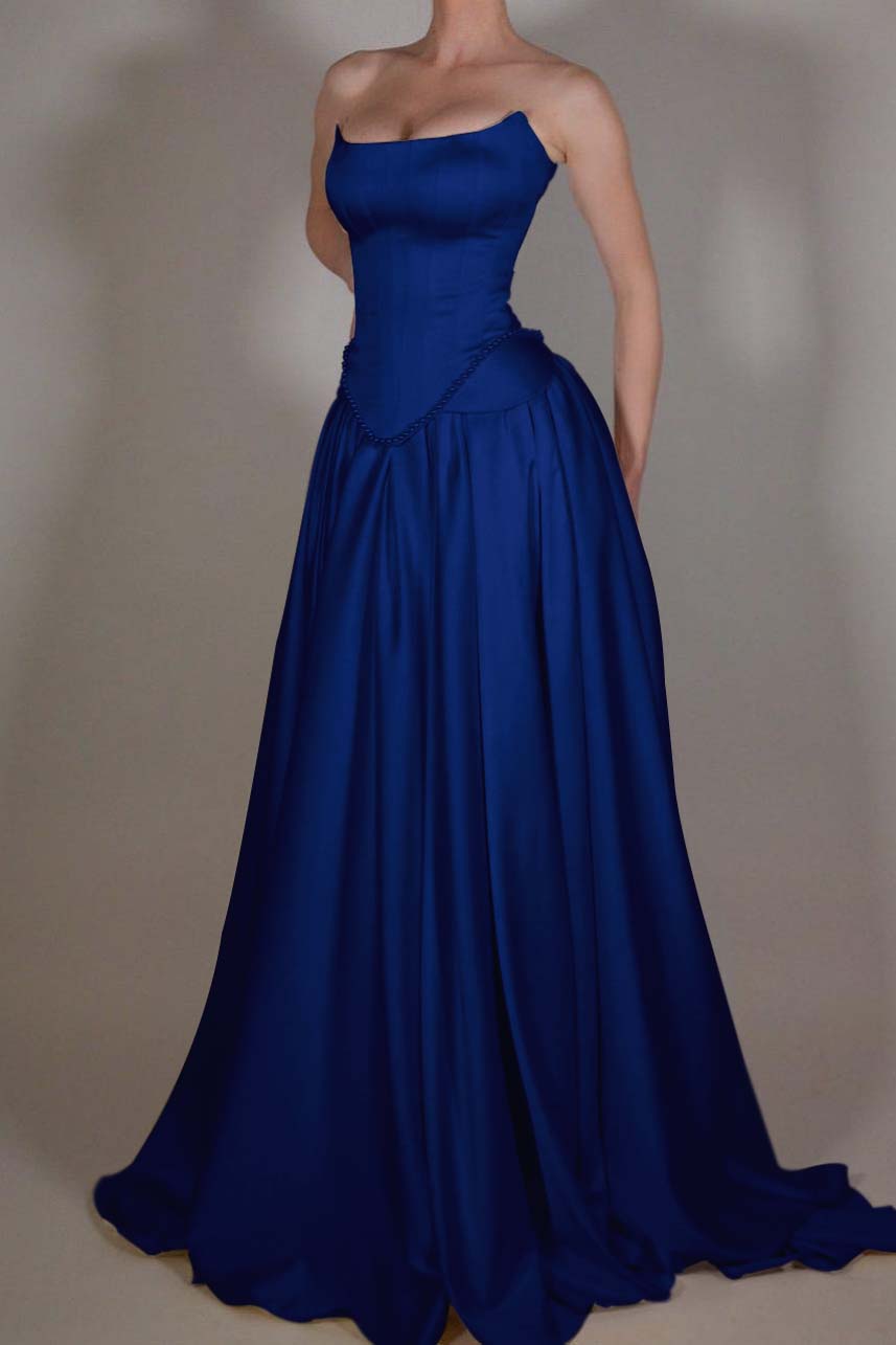 Showprettydess Exquisite Satin Ivory Strapless Sleeveless Pleated Prom Dress with Beadings-showprettydress