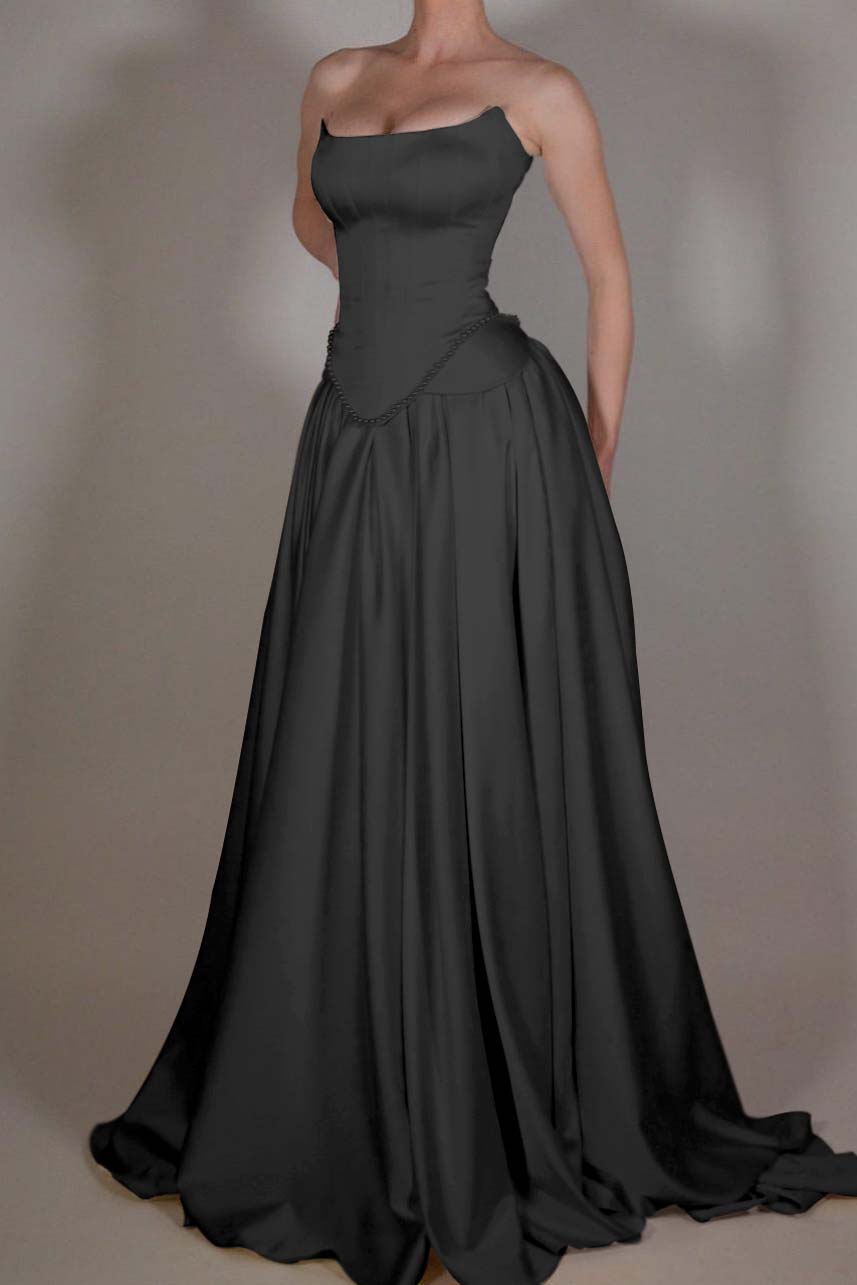 Showprettydess Exquisite Satin Ivory Strapless Sleeveless Pleated Prom Dress with Beadings-showprettydress