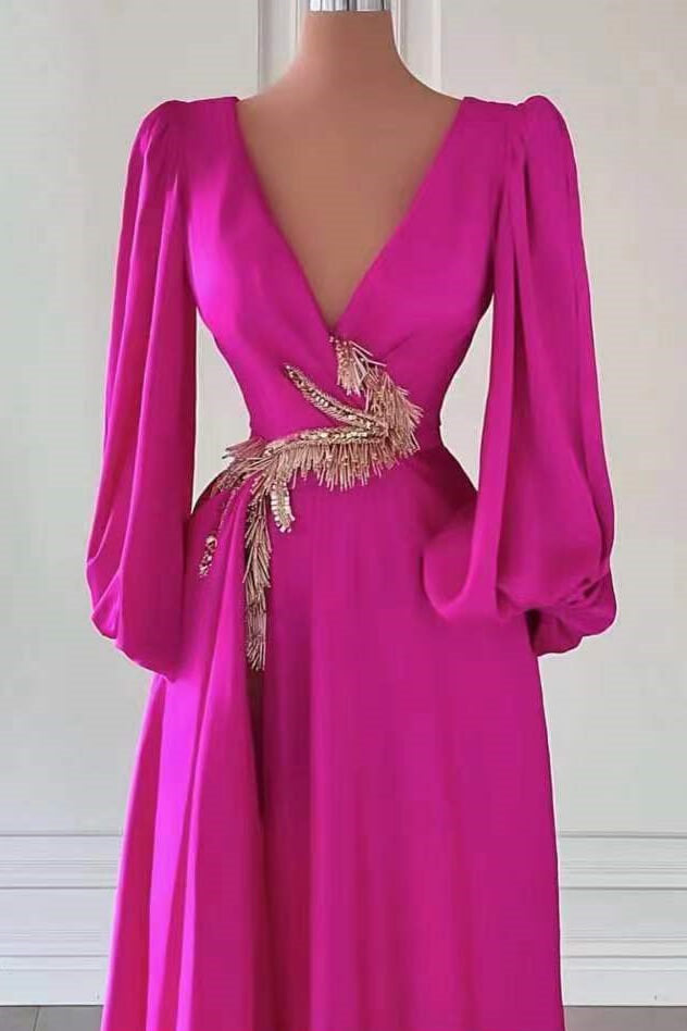 Showprettydess Fuchsia Dark V-Neck A-Line Long Sleeves Prom Dress with Embellishment-showprettydress