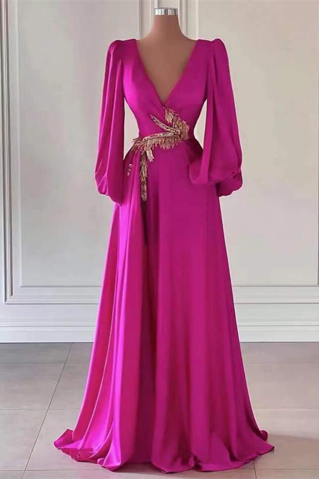 Showprettydess Fuchsia Dark V-Neck A-Line Long Sleeves Prom Dress with Embellishment-showprettydress