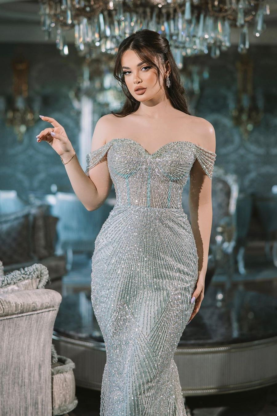 Showprettydess Glamorous Blue Sequined Off-the-Shoulder Long Mermaid Prom Dress with Beadings-showprettydress