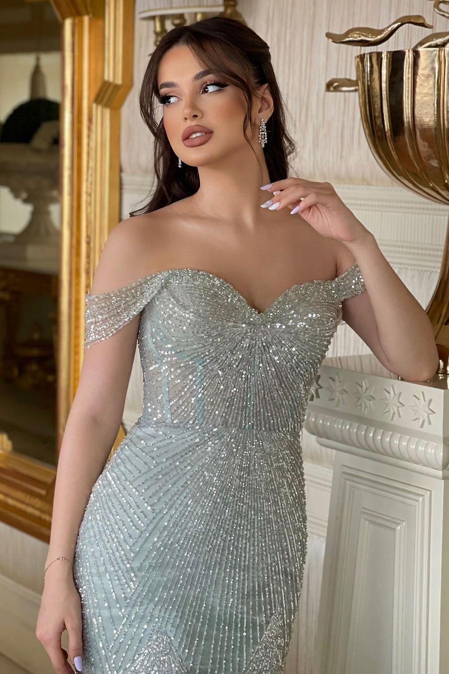 Showprettydess Glamorous Blue Sequined Off-the-Shoulder Long Mermaid Prom Dress with Beadings-showprettydress