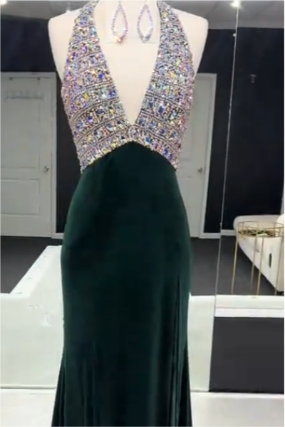 Showprettydess Glamorous Dark Green Halter Sleeveless Split Mermaid Prom Dress with Beadings-showprettydress