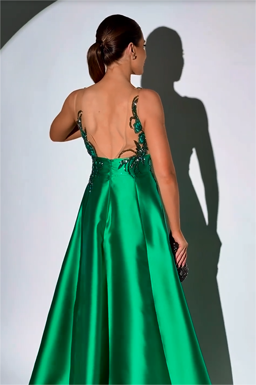 Showprettydess Glamorous Dark Green Satin Sleeveless Spaghetti Strap Prom Dress with Beadings-showprettydress