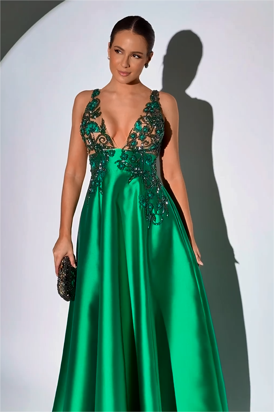 Showprettydess Glamorous Dark Green Satin Sleeveless Spaghetti Strap Prom Dress with Beadings-showprettydress